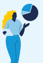 Illustration i blå toner med en person som bollar med ett cirkeldiagram och håller i ett papper i den andra handen.