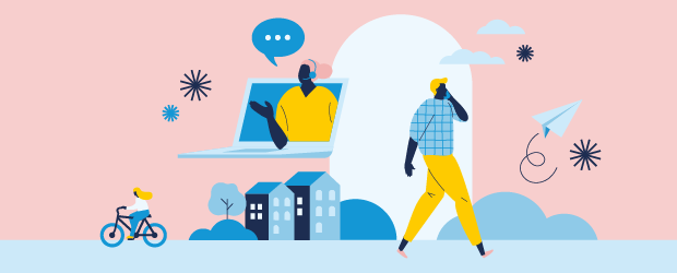 Illustration i blå toner och rosa bakgrund. I illustrationen visas 
människor, en dator, en cykel, ett hus och ett flygplan gjort av vikt 
papper.