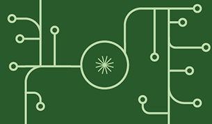 Illustration med en stiliserad hand som håller en cirkel, omgiven av nätverksliknande linjer och noder. Bilden är i mörkblått på en gul bakgrund och symboliserar informationsflöde eller digitala nätverk.