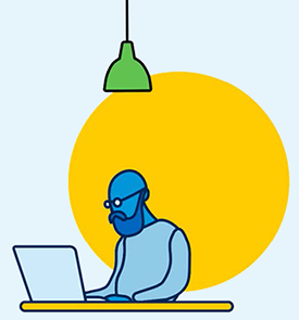 Illustration av en blåfärgad person med glasögon som arbetar vid en bärbar dator under en grön taklampa. En stor gul cirkel syns i bakgrunden.