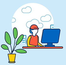 Illustration av en person i röd keps som sitter vid ett skrivbord med en dator. I bakgrunden syns moln och dokumentikoner. En grön växt i en gul kruka står bredvid skrivbordet