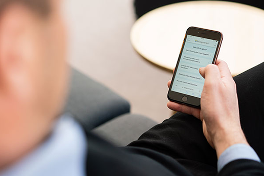 Person holding a mobile phone with the Bolagsverket website open on the screen.