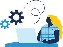 Illustration i blå och gula färger som visar en person vid en dator och ett par kugghjul ovanför.