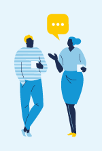 Illustration i blå toner med två personer som har en gul pratbubbla mellan sig.