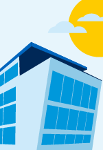 Illustration i blå toner som föreställer en del av Bolagsverkets byggnad i Sundsvall med en gul sol på himlen ovanför.