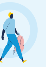 Illustration i blå toner med en person som bär en rosa ryggsäck i den ena handen.