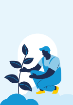 Illustration i blå toner med en person som tar hand om en växt.