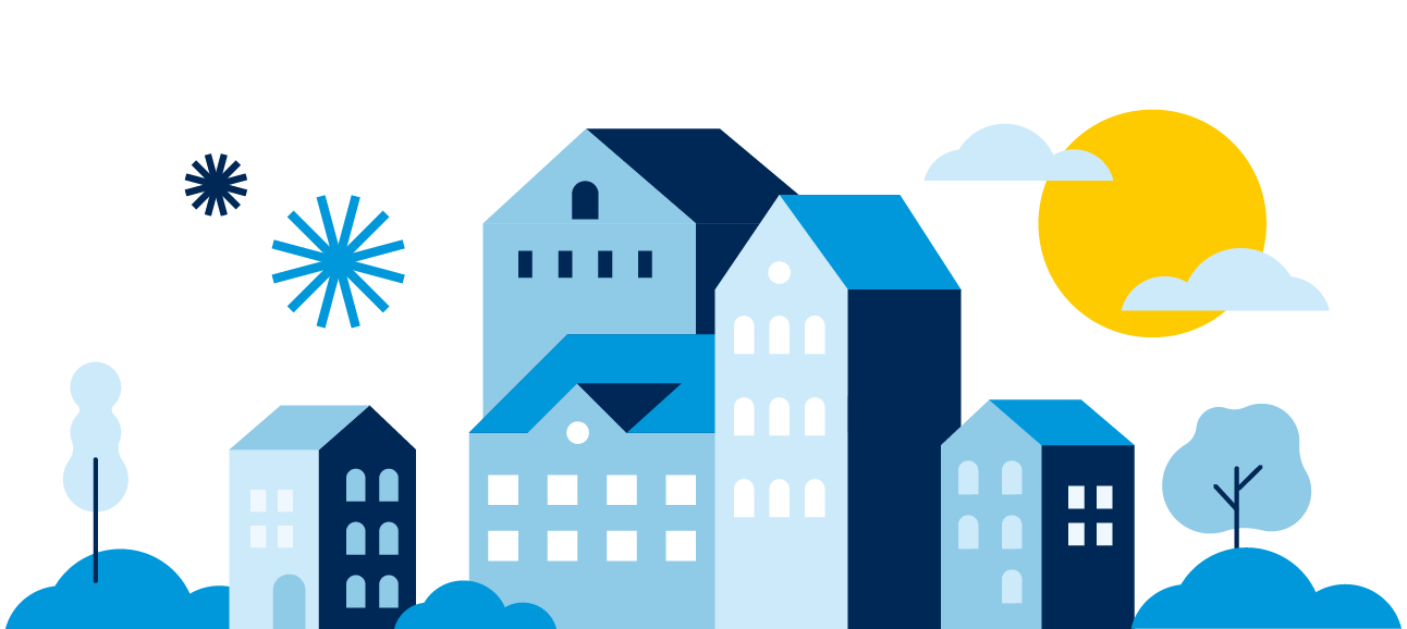 Illustration av en stiliserad stad med olika blå byggnader i varierande former och höjder. I bakgrunden syns en gul sol, ljusblå moln och dekorativa stjärnliknande former. Träd i olika blå nyanser omger byggnaderna.