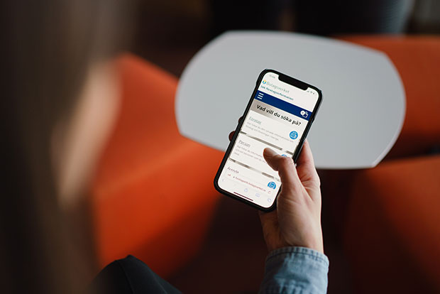 Person söker företagsinformation på Bolagsverkets webbplats i en mobiltelefon.