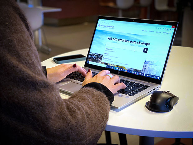 En person sitter och jobbar på sin laptop på dataportal.se.