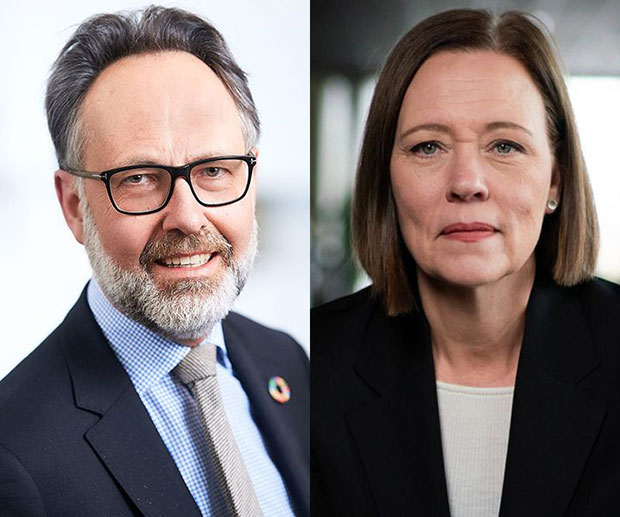 Peter Strömbäck, generaldirektör på PRV, Patent- och registreringsverket
 och Inga Otmalm, generaldirektör på Bolagsverket. Strömbäck har 
glasögon, blå kavaj, rutig skjorta och grå slips. Otmalm har svart kavaj
 och beige tröja.