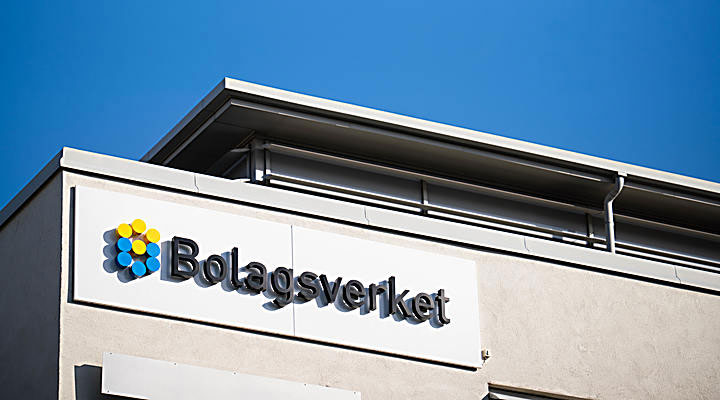 Bolagsverkets logotyp på Bolagsverkets byggnad.